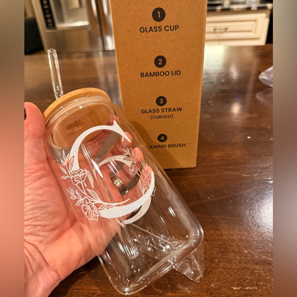 Personalized Glass Drink Bottle with straw and straw cleaner letter “C”